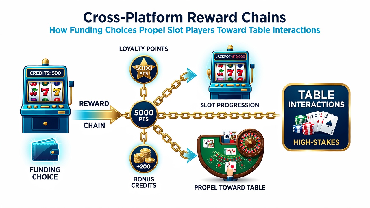 Diagram showing how different funding methods create pathways from slots to table games and VIP rewards