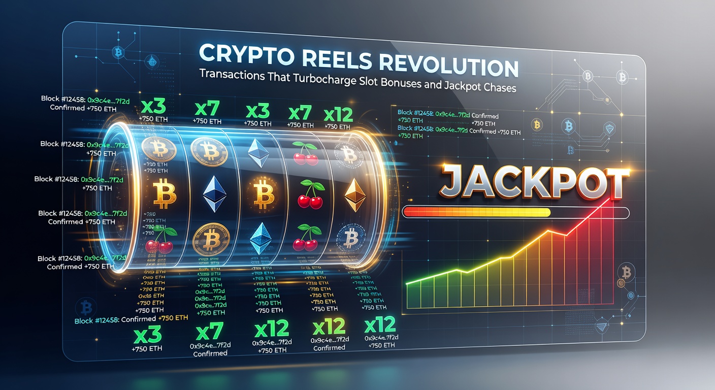 Dynamic graphic of jackpot meters rising rapidly amid crypto transaction flows and spinning slot symbols