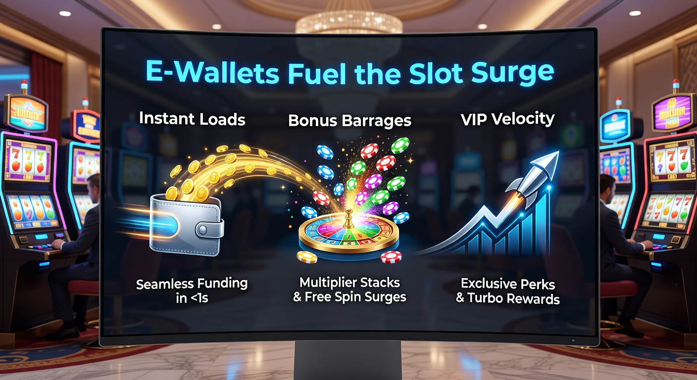 Animated graphic of e-wallet deposit exploding into a cascade of slot bonuses and VIP badges