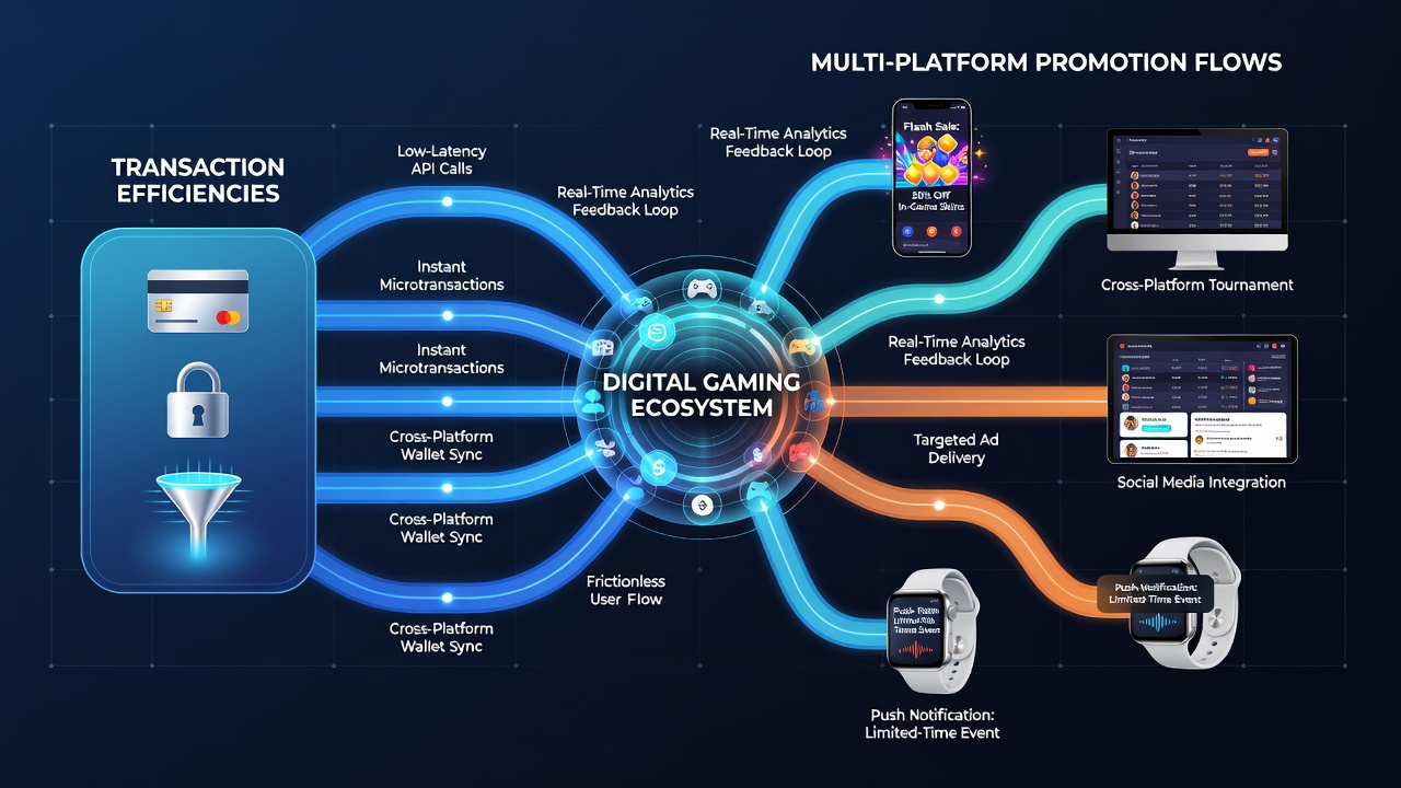Multi-platform promotion flows illustrated across mobile and desktop gaming interfaces