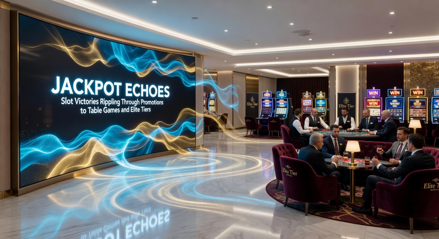 Dynamic graphic of slot jackpot waves extending to blackjack tables and ascending VIP staircases with bonus icons