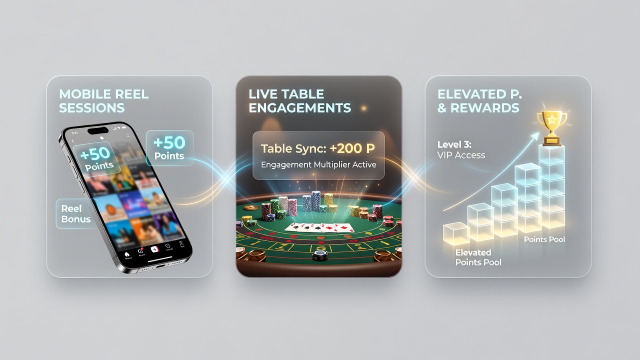 Live dealer table interface with overlaid status tier progress and cross-game promotion banners