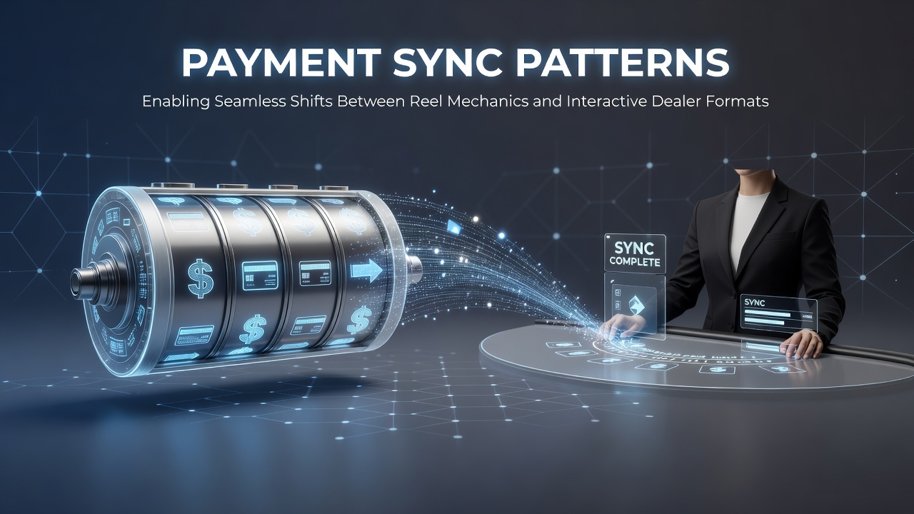 Diagram showing payment synchronization architecture linking reel mechanics, dealer tables, and loyalty milestone tracking