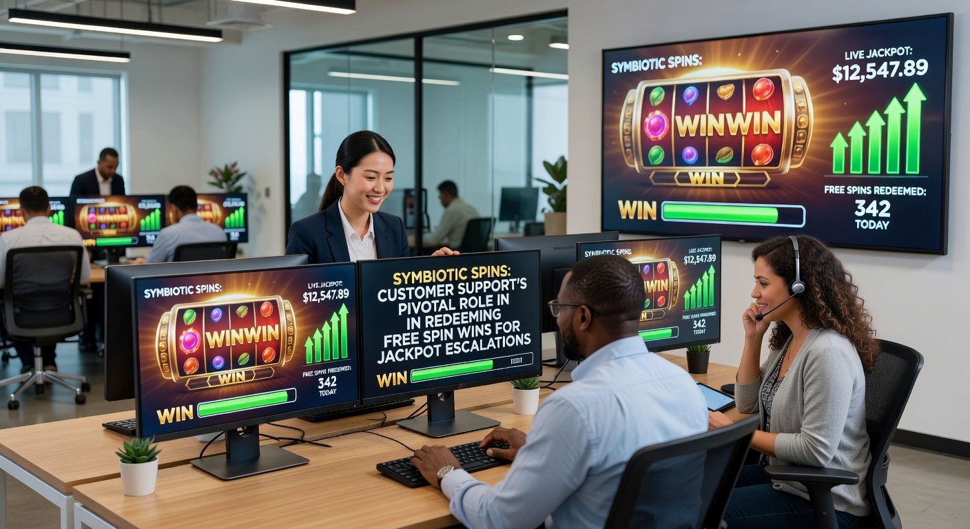 Dynamic illustration of a support chat window resolving a free spin win, with jackpot meter rising and VIP badge unlocking in the background