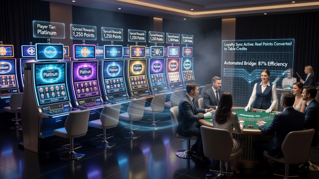 Illustration of payment flow connecting slot machines, live tables, and a central loyalty database
