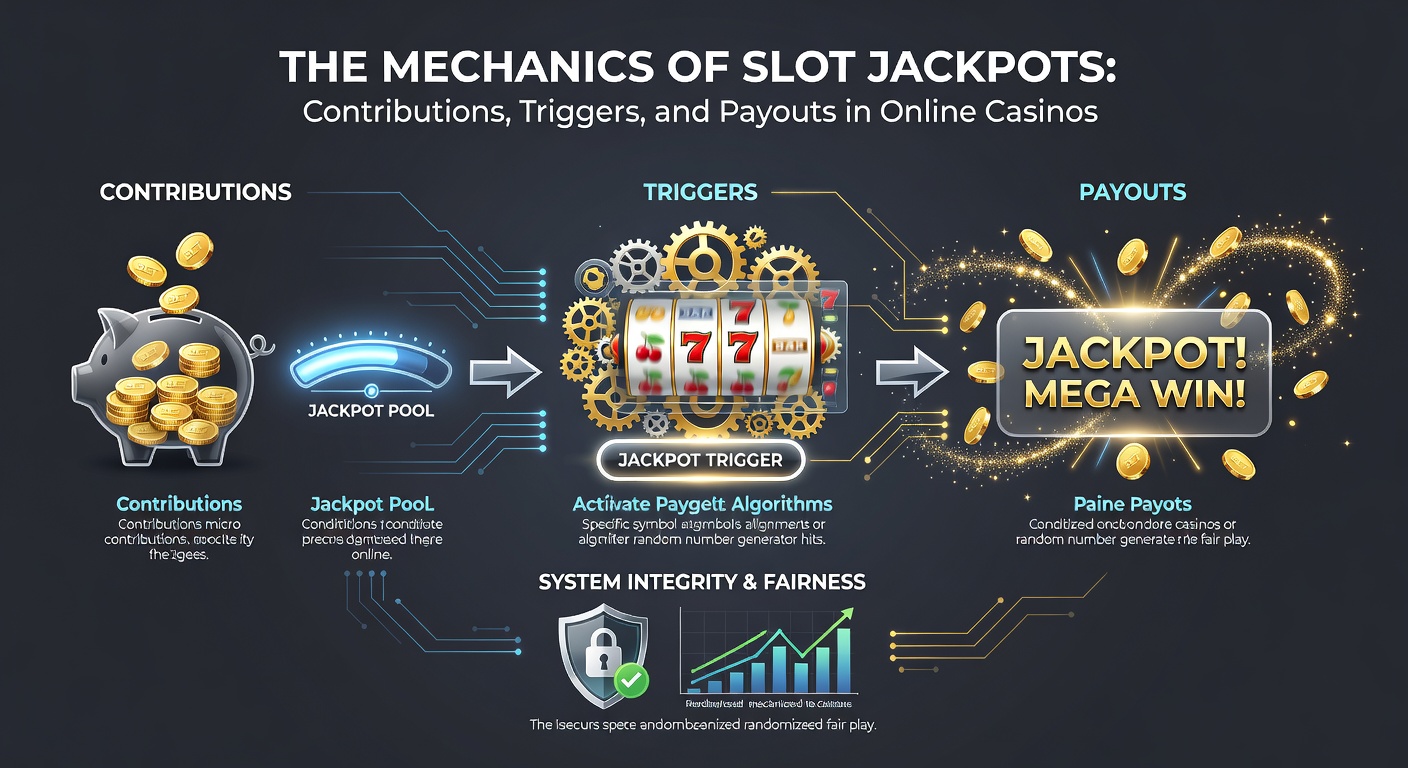 Exploded diagram of a slot jackpot system showing bet contributions flowing into a central pot, RNG trigger lightning bolt, and payout streams branching to player wallets