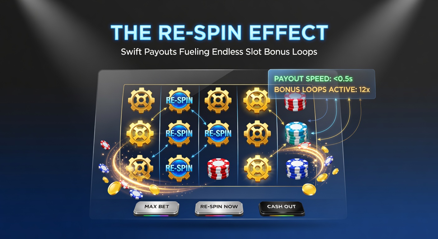 Animated graphic of a slot payout flowing instantly into a new deposit, with bonus loops visualized as interlocking gears and cascading free spin icons