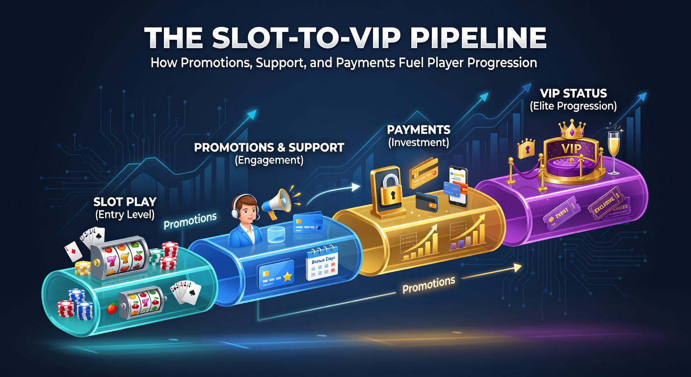 Graphic depicting interconnected gears labeled 'Promotions', 'Support', 'Payments' turning a slot reel into a VIP key, symbolizing player progression mechanics