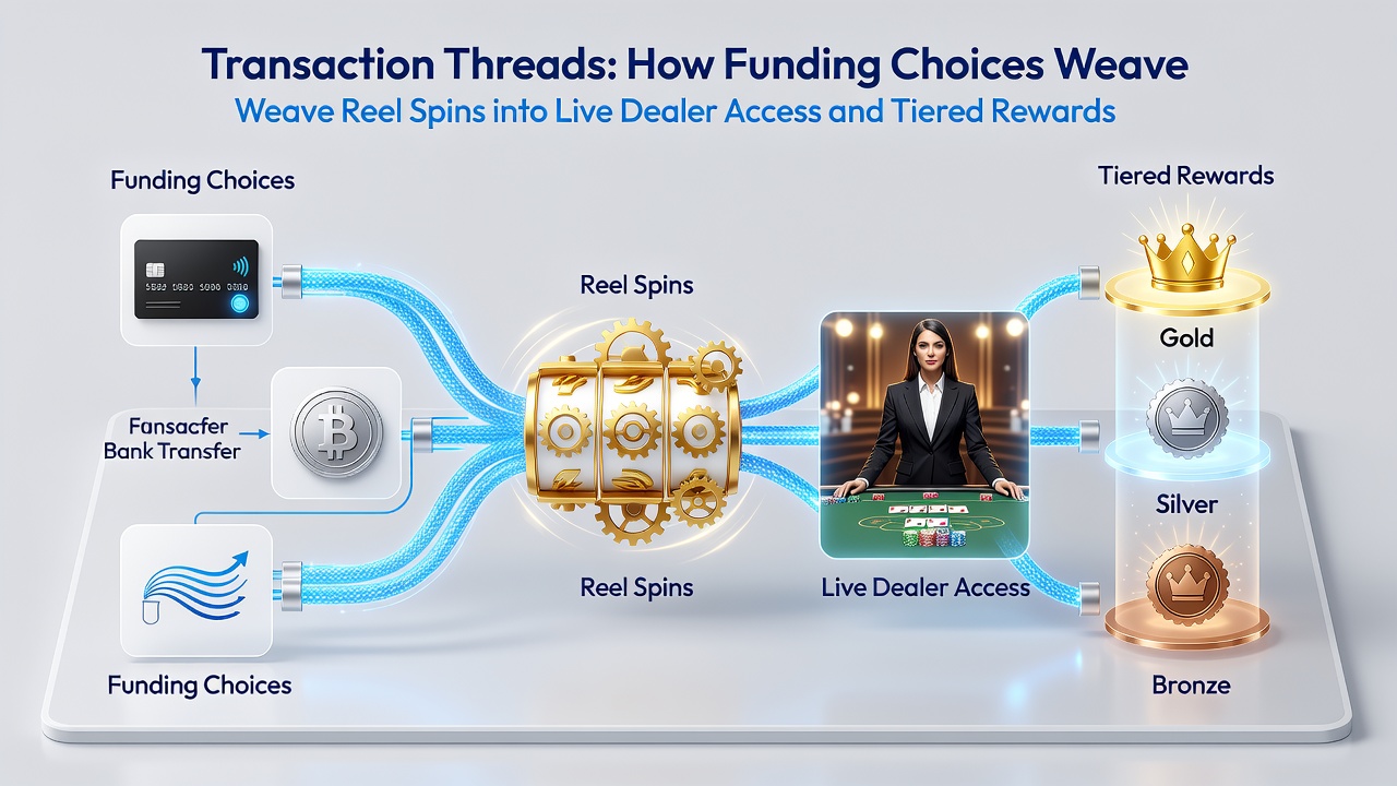 Diagram depicting transaction flows connecting slot gameplay with live dealer participation and escalating reward tiers