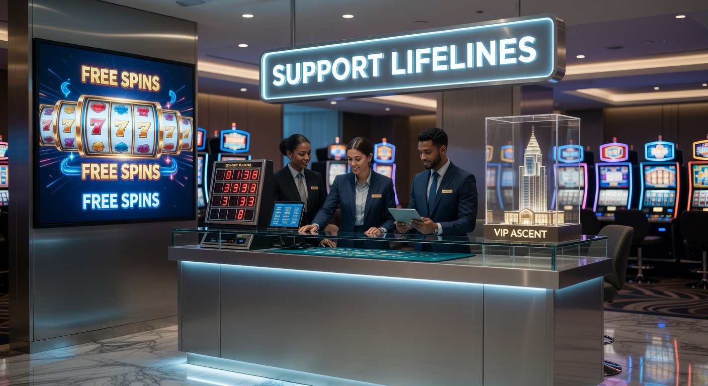 Casino support agent at a desk, headset on, assisting a player navigating high-stakes slot features amid glowing jackpot displays